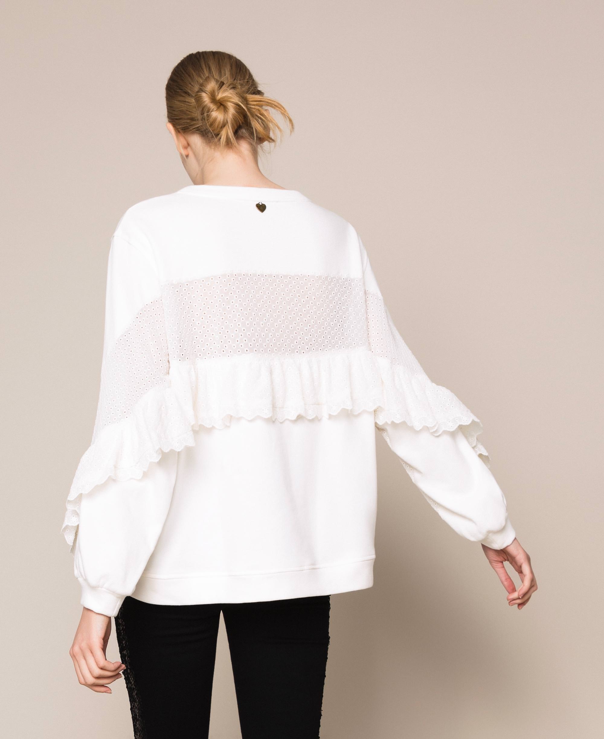 Felpa con intarsio in sangallo e volant Donna, Bianco | TWINSET Milano