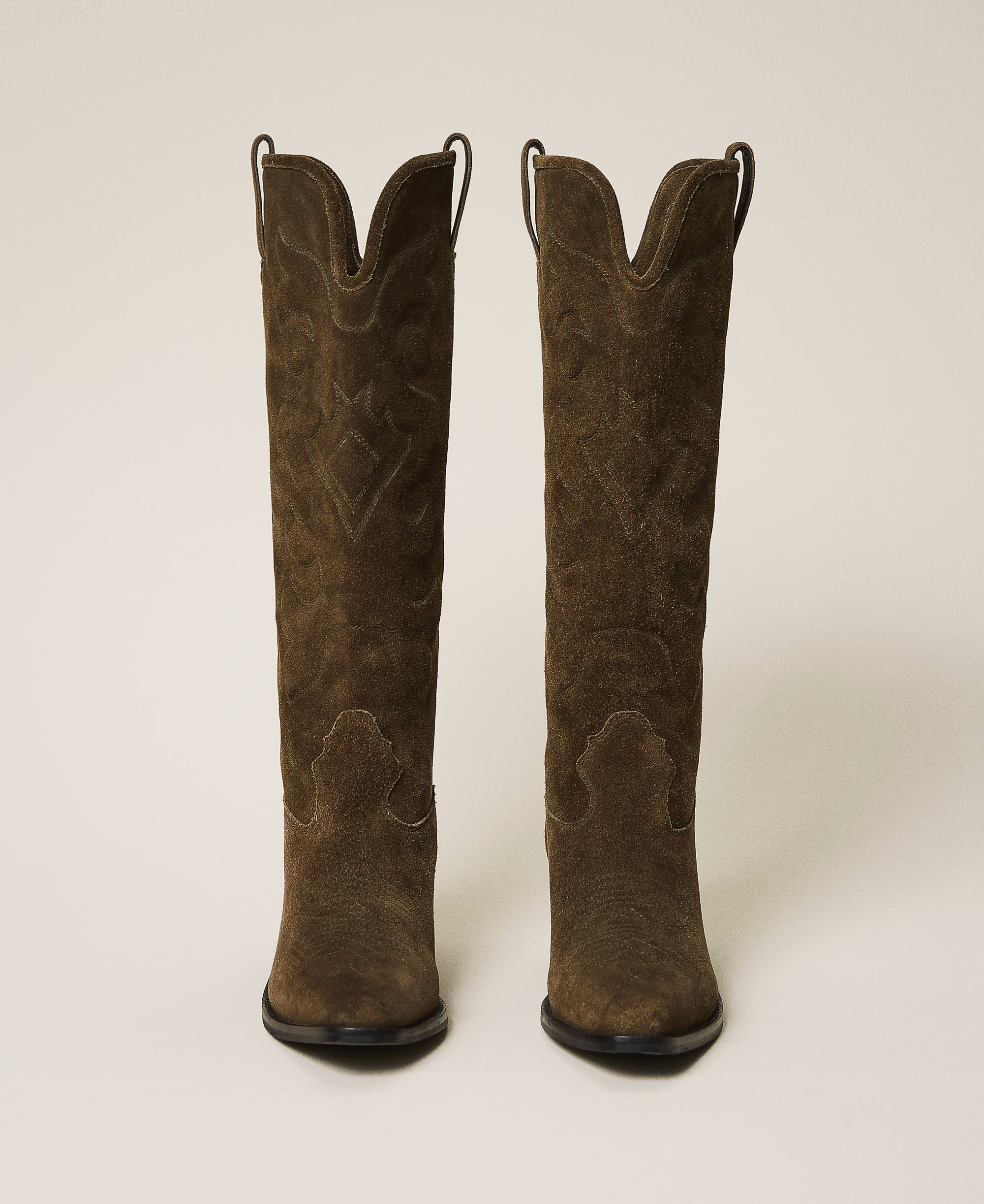 Botas texanas de piel de ante Mujer, Verde | TWINSET Milano