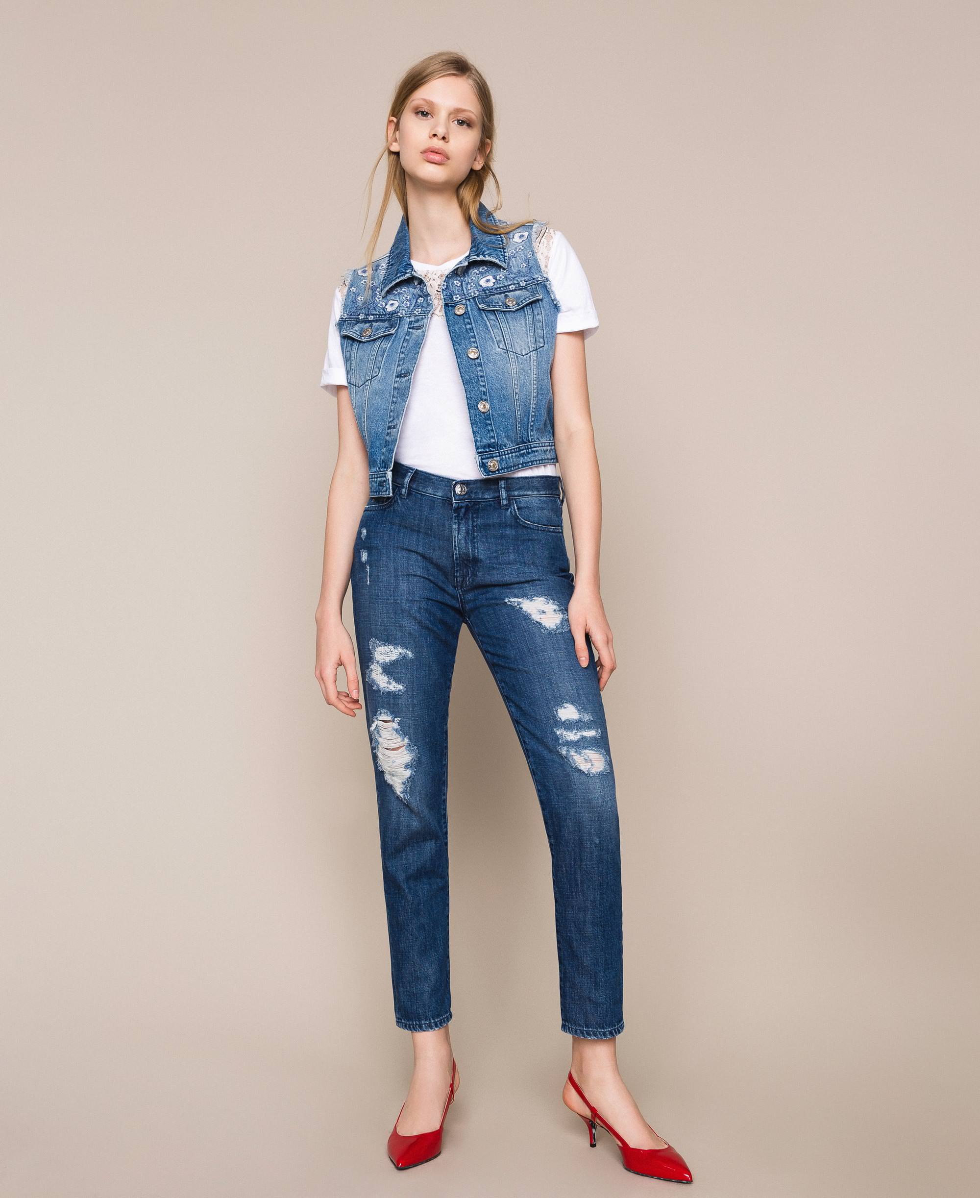 Vaqueros girlfriend con rotos Mujer, Azul | TWINSET Milano