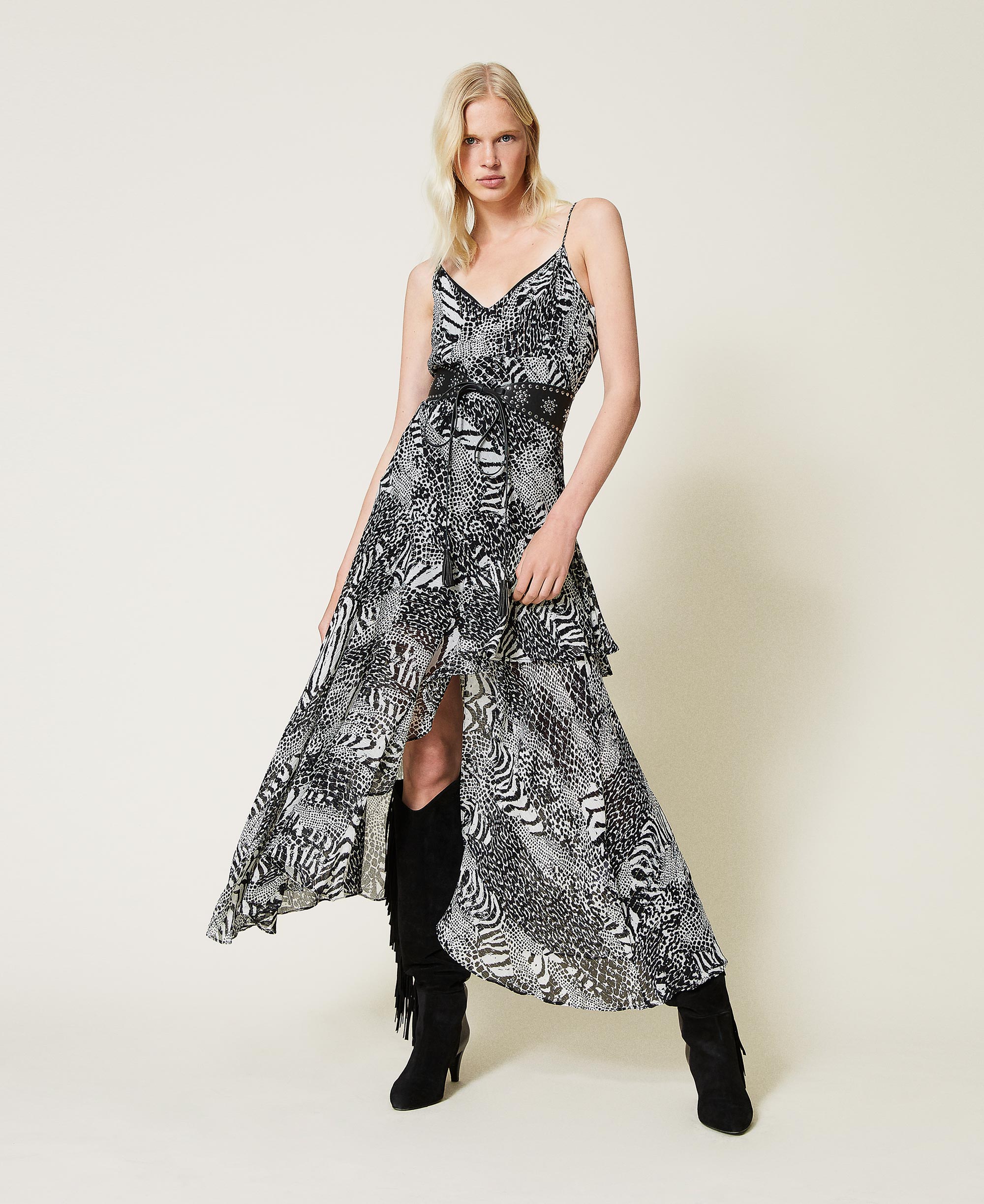 Abito sottoveste in creponne animalier Donna, Nero | TWINSET Milano