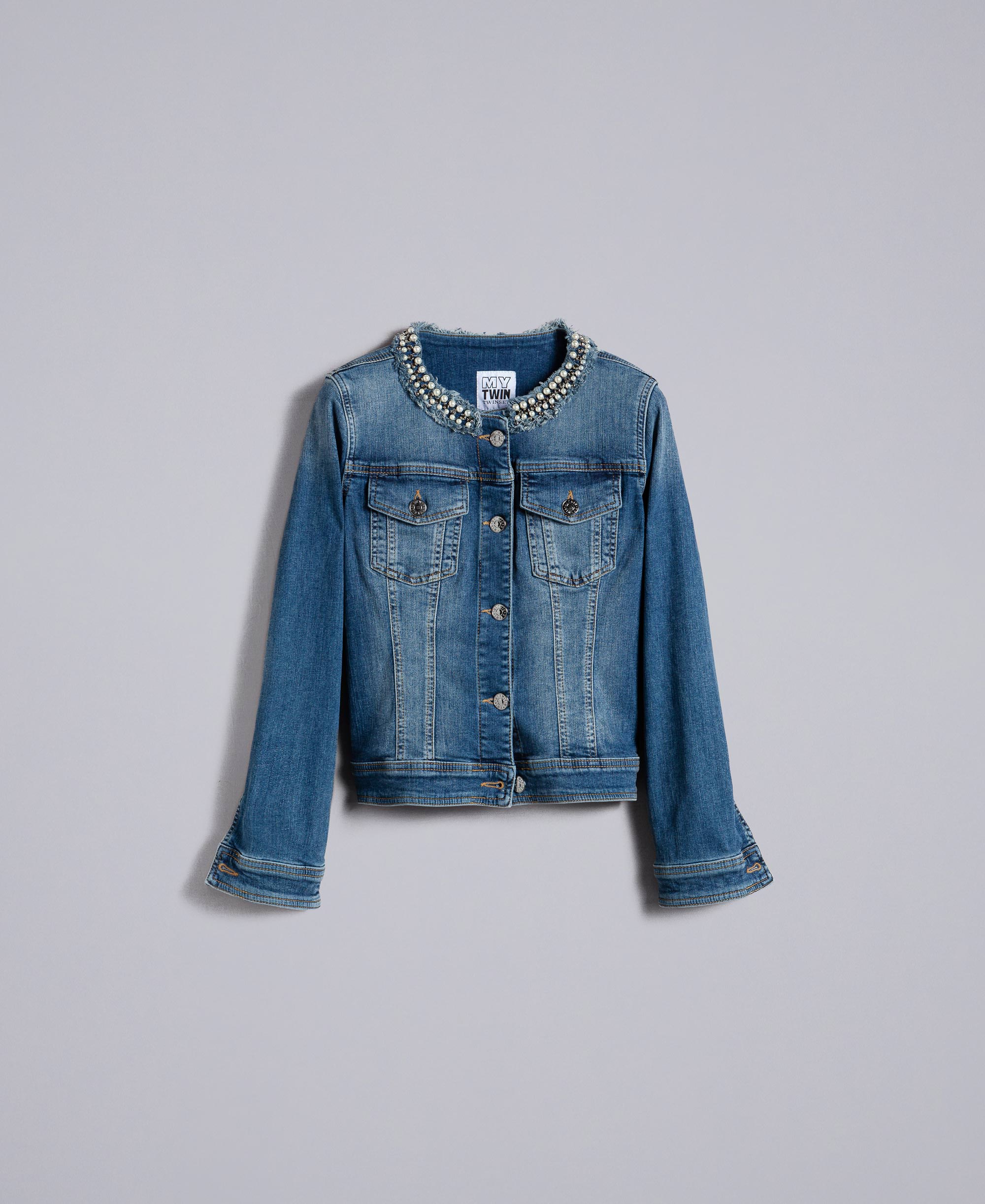 Giacca in denim con perle e castoni