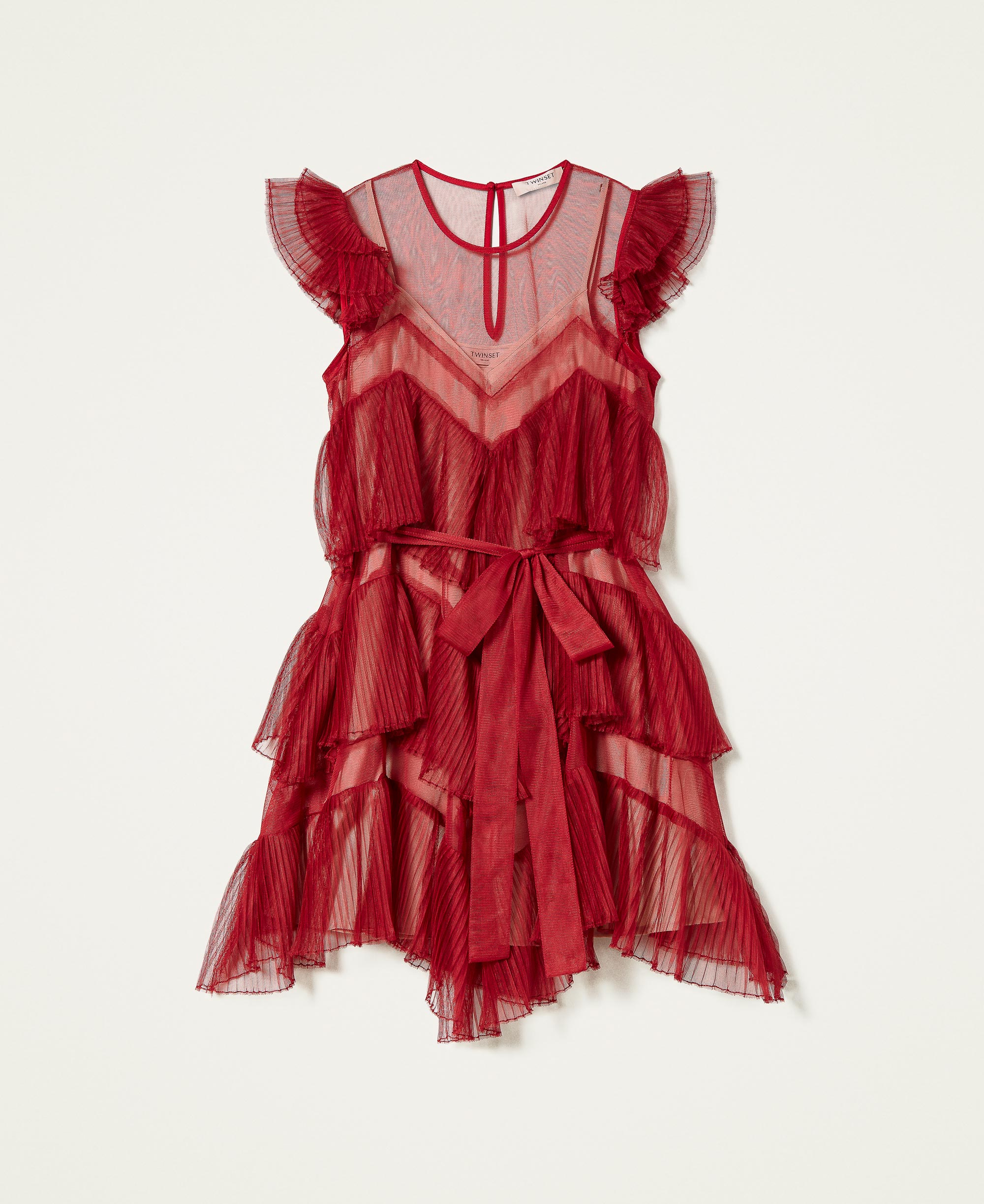 Abito corto in tulle a balze plissé Donna, Rosso | TWINSET Milano