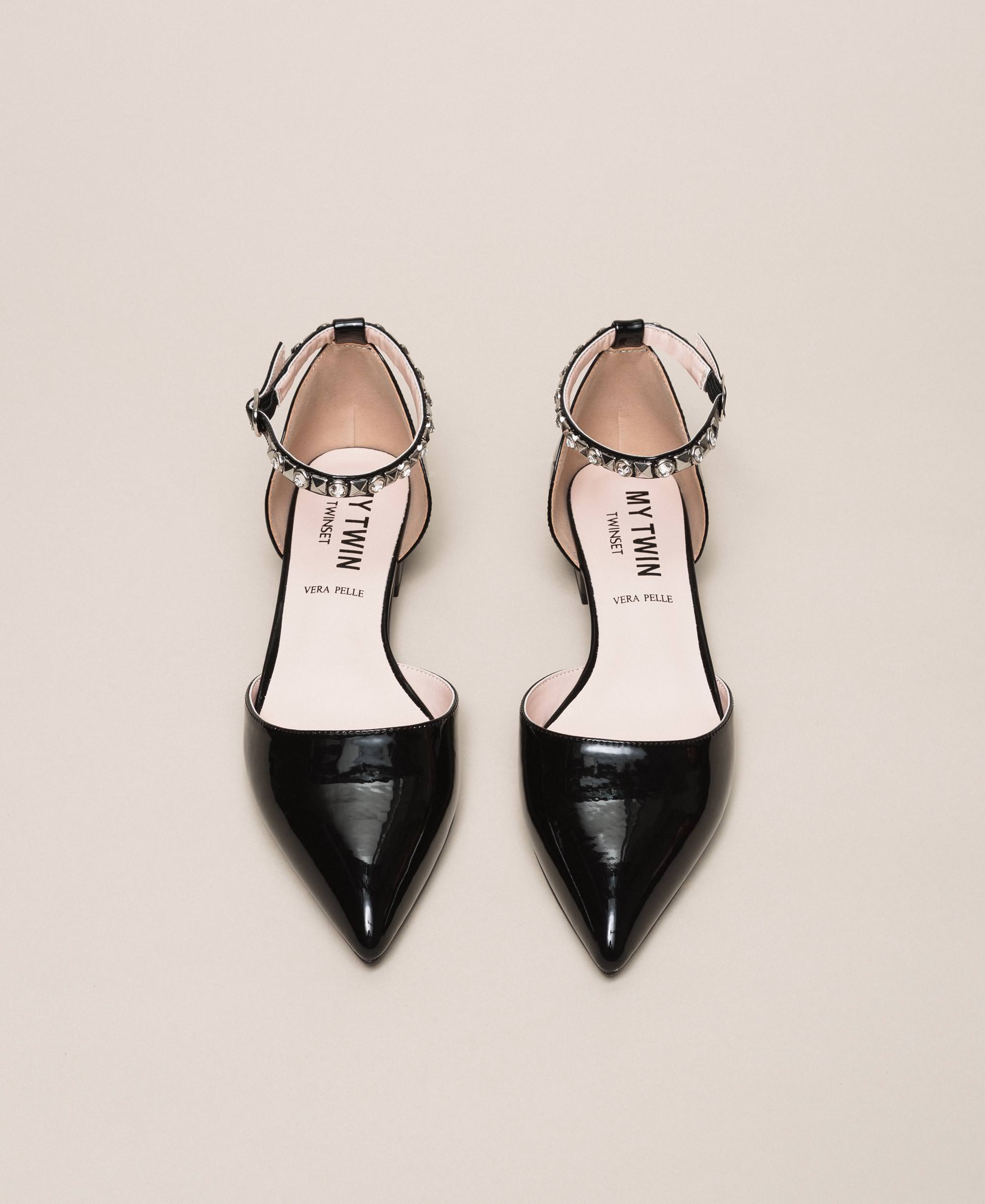 Patent leather ballerina pumps with rhinestones Woman, Black | TWINSET ...