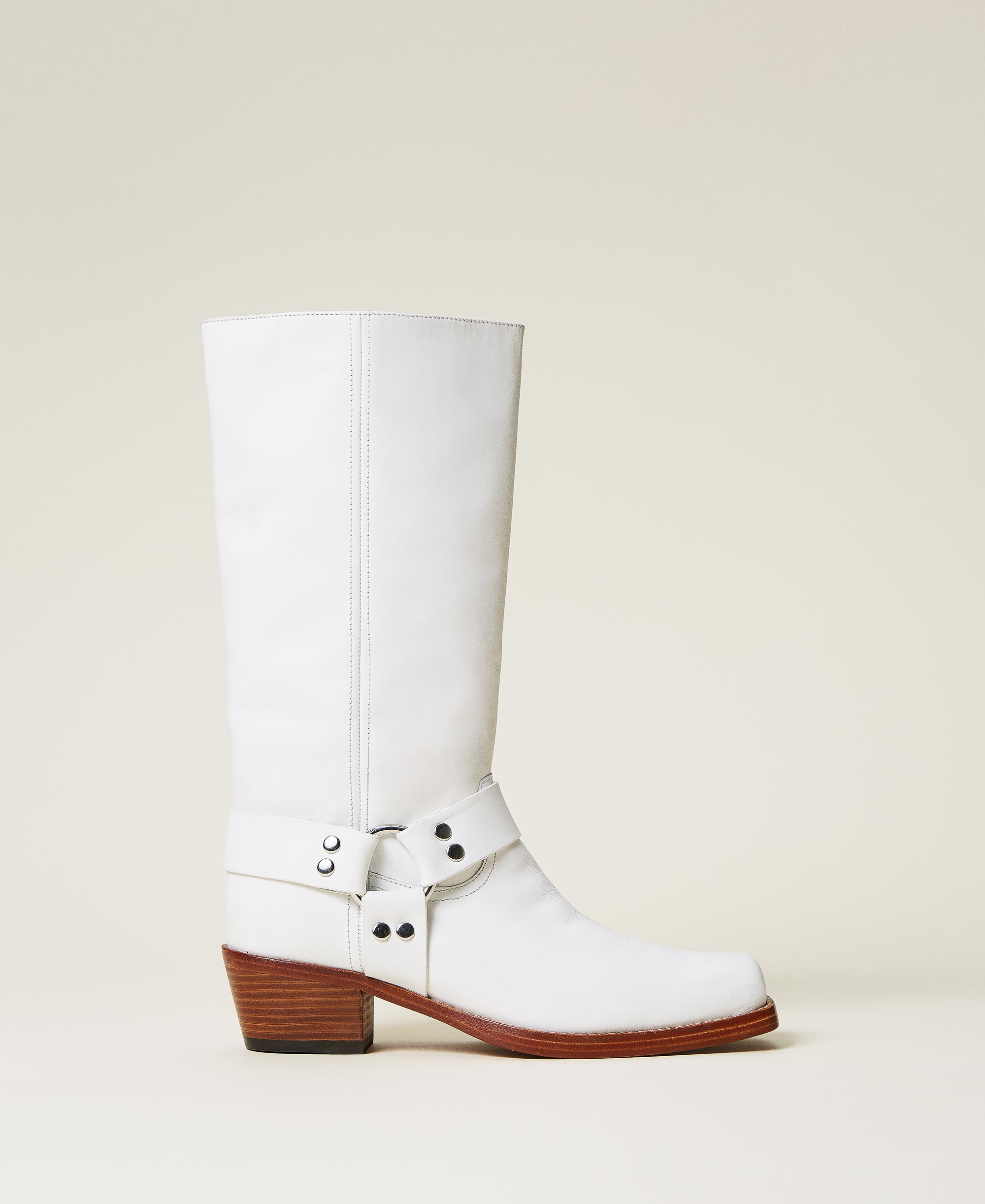 Botas de piel con correas Mujer, Beige | TWINSET Milano