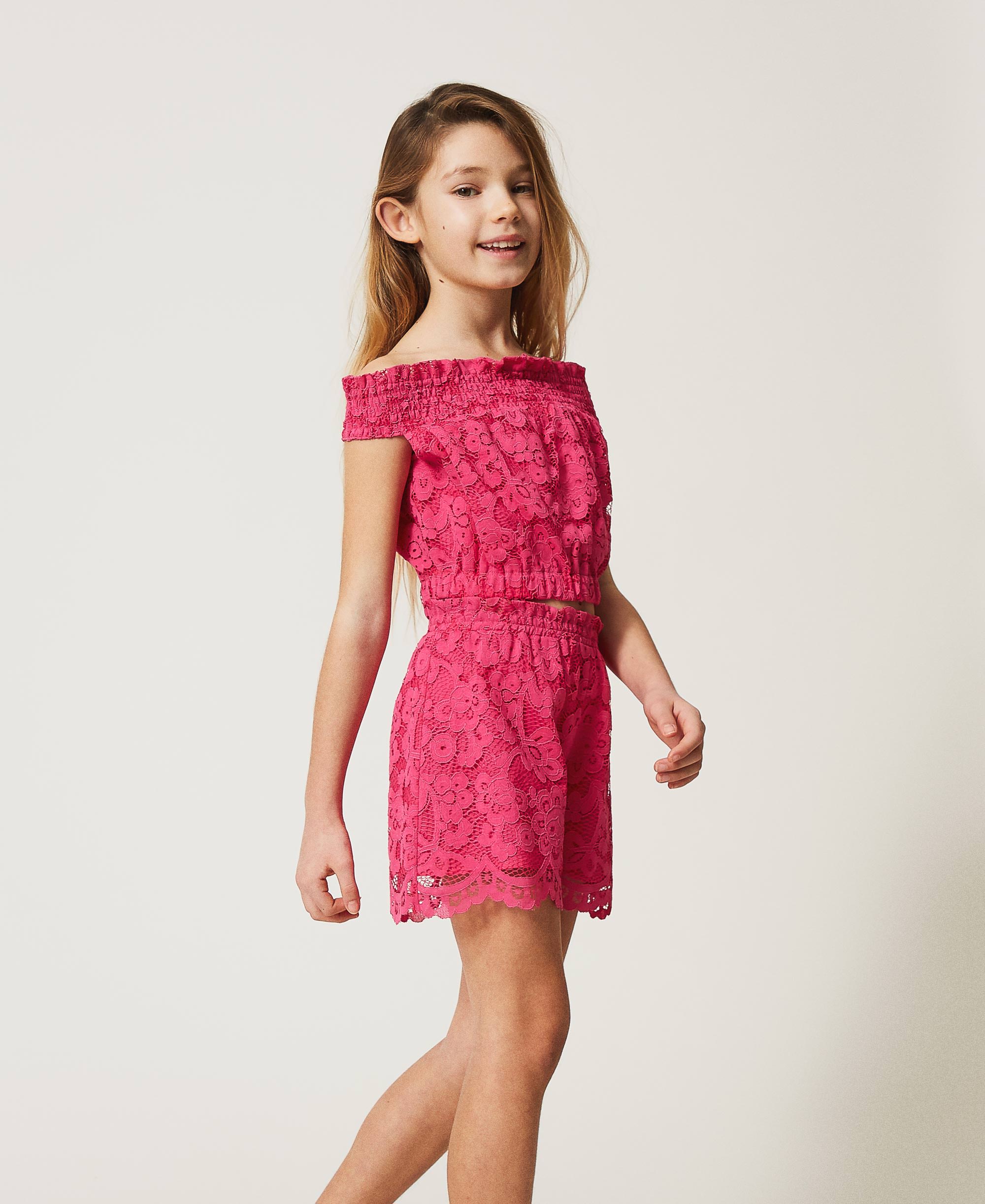 Off Shoulder Top And Lace Shorts Child Fuchsia Twinset Milano
