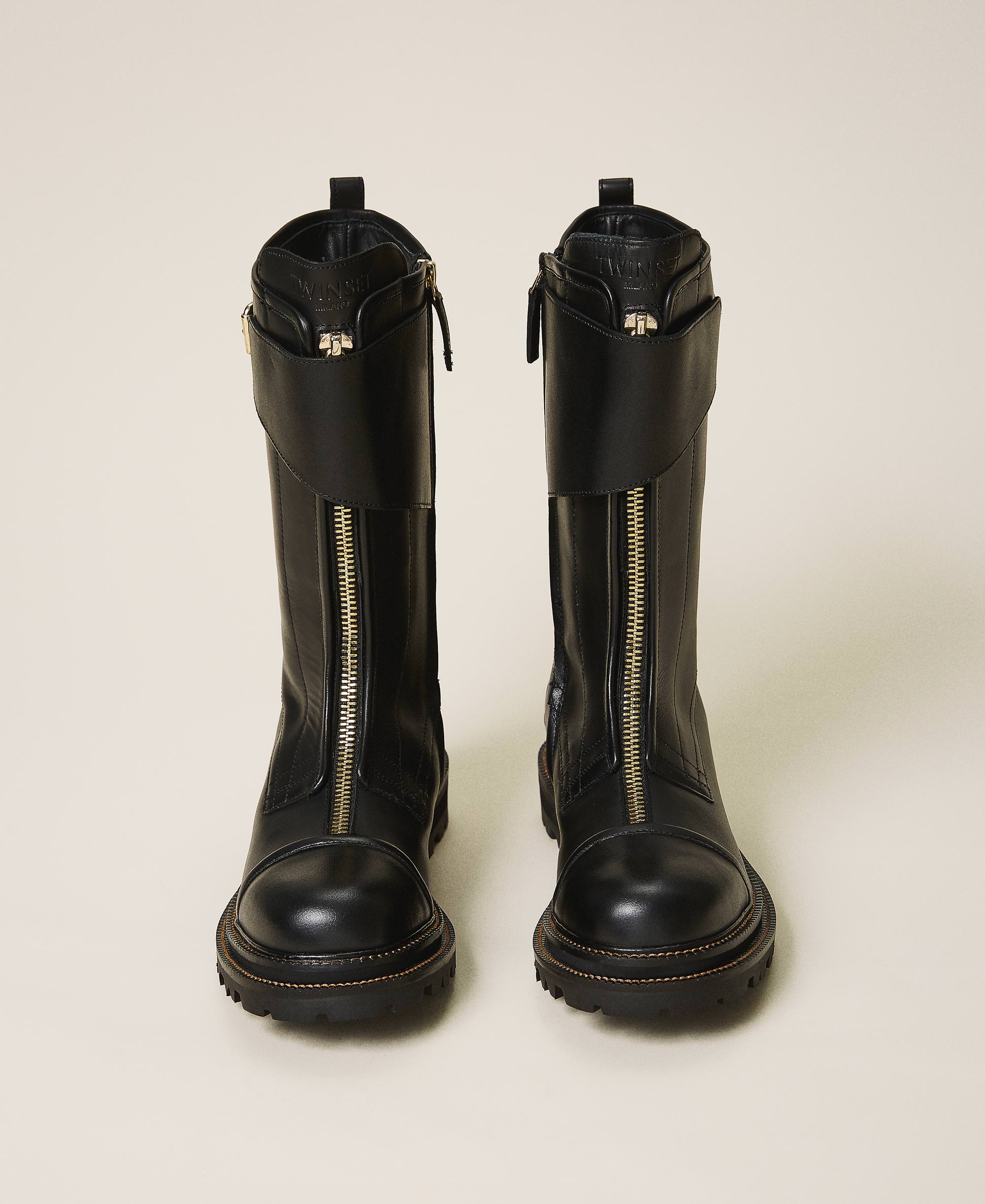 Leather combat boots with strap Woman, Black TWINSET Milano